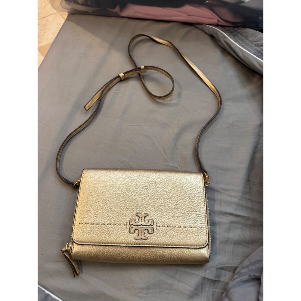 Tory Burch Robinson Gold Pebbled Leather Crossbody Wallet Bag Clutch